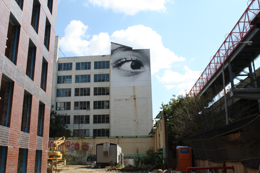 The artist used a cherry picker to apply the mural to a building in New York. Photo by Kelsey Savage.